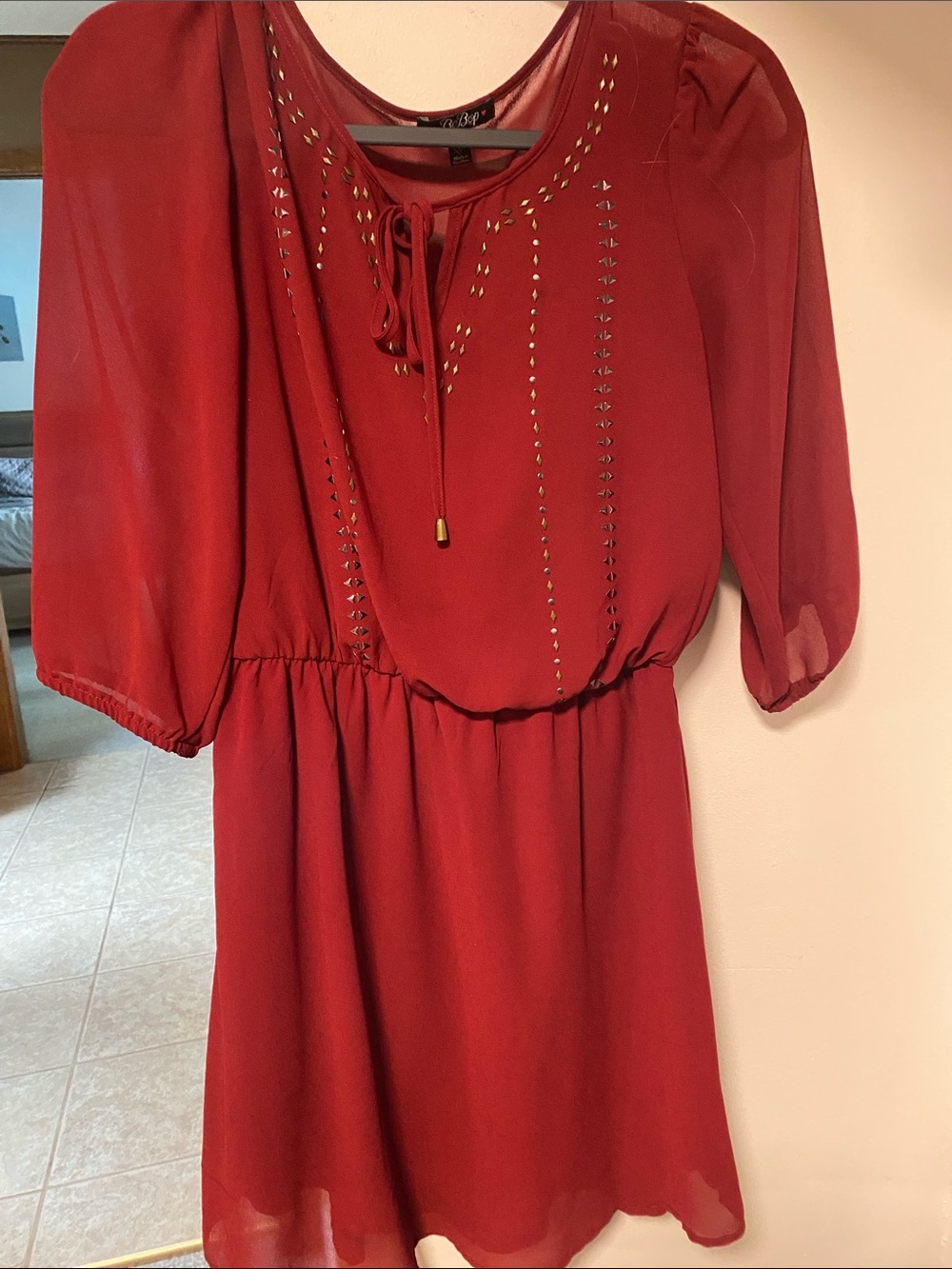 BeBop Crimson Tie-Neck Blouse with Gold Studs